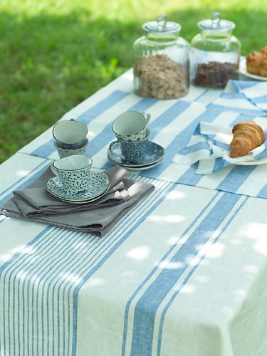 Elegant Off White Blue Striped Linen Tablecloth Prewashed