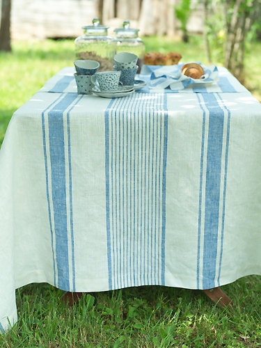 Elegant Off White Blue Striped Linen Tablecloth Prewashed