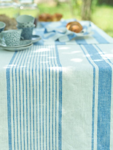 Elegant Off White Blue Striped Linen Tablecloth Prewashed