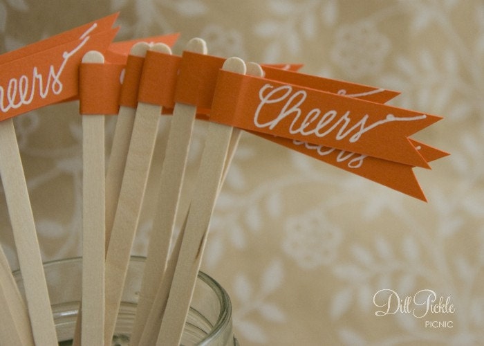50 Orange Drink Stirrer Sticks with Calligraphy Cheers