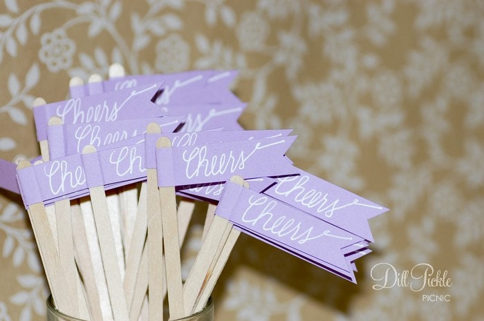 50 Purple Paper Flag Stir Sticks or Drink Stirrers with White Calligraphy