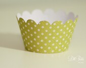 MINI Celadon Lime Green & Silver Glitter Polka-Dot Cupcake Wrappers - Mini Cupcake Wraps Set of 24