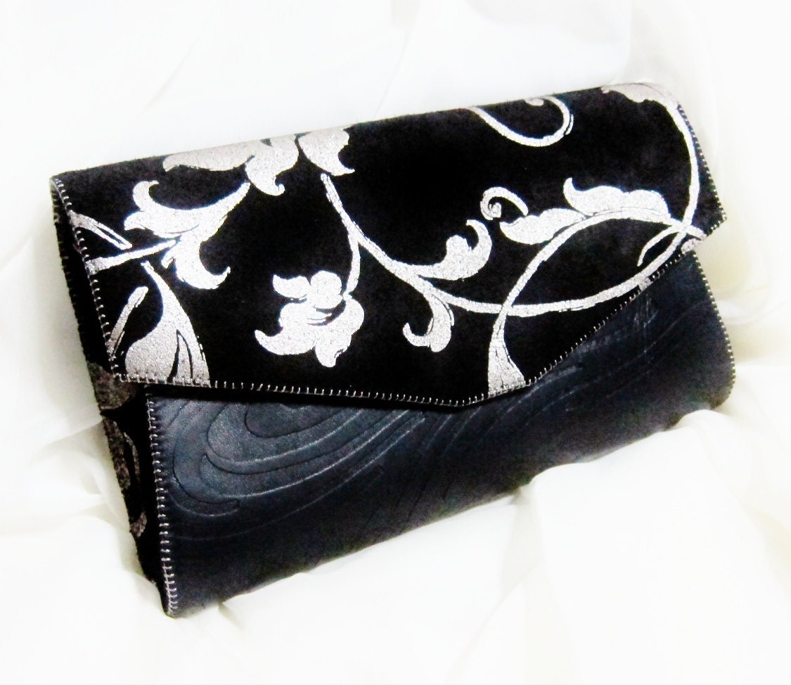 leather clutch gold floral black embossed hb011