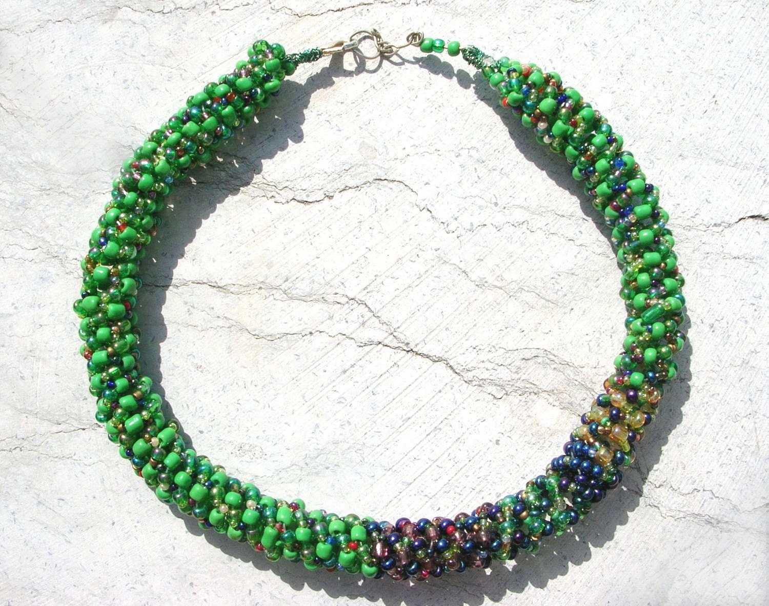 Blue Green Necklace, Spiral Seed Bead Necklace,Beaded Chic Rope Necklace,Spiral Rope Necklace,Seed Bead Choker Necklace,Beaded Necklace,Sale