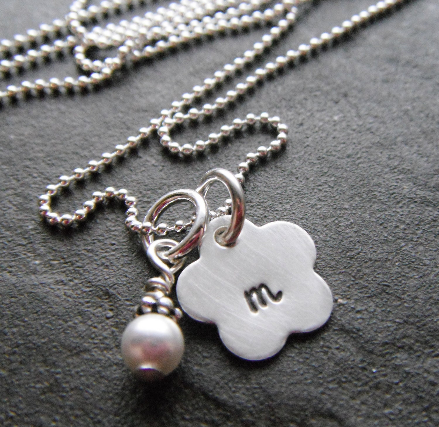 Tiny Flower Initial Name Tag with Birthstone Necklace - Personalized Hand Stamped Sterling Silver
