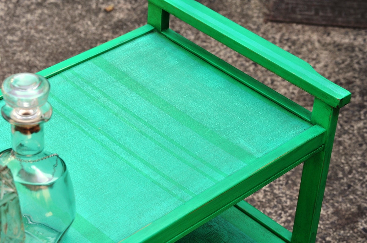Shabby Striped Cart. Upcycled Vintage Cart in Distressed Green & Blue Stripes