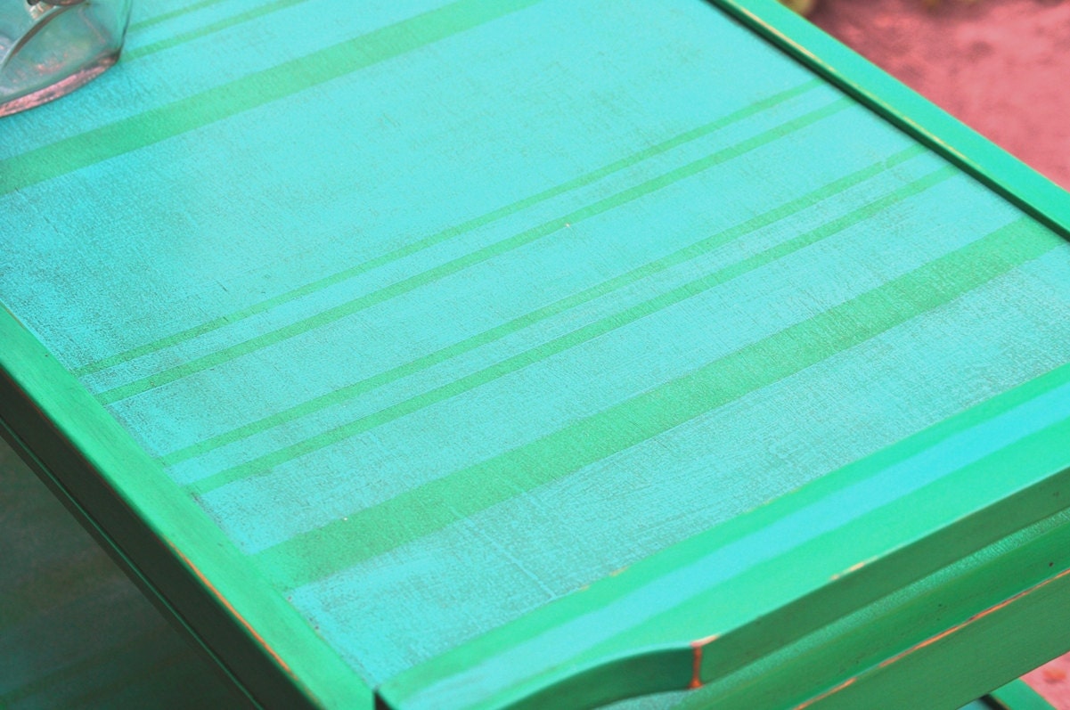 Shabby Striped Cart. Upcycled Vintage Cart in Distressed Green & Blue Stripes