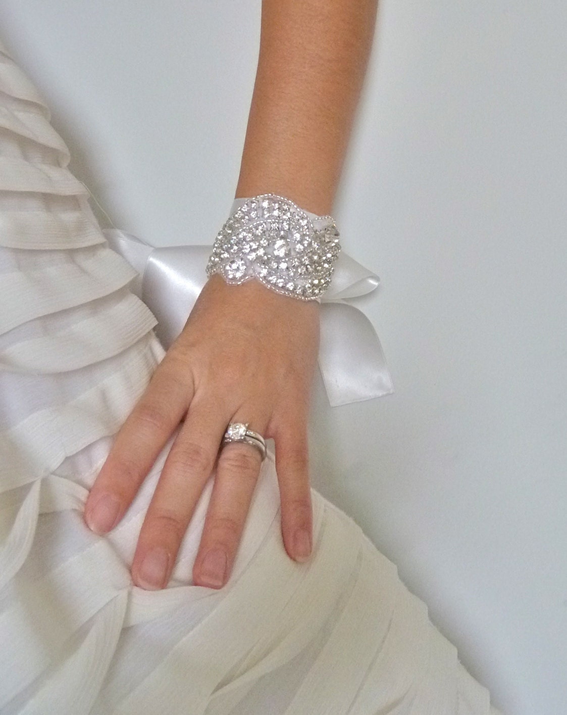 CHARIS - Bridal beaded bracelet, crystal bracelet, vintage bridal cuff, rhinestone bracelet