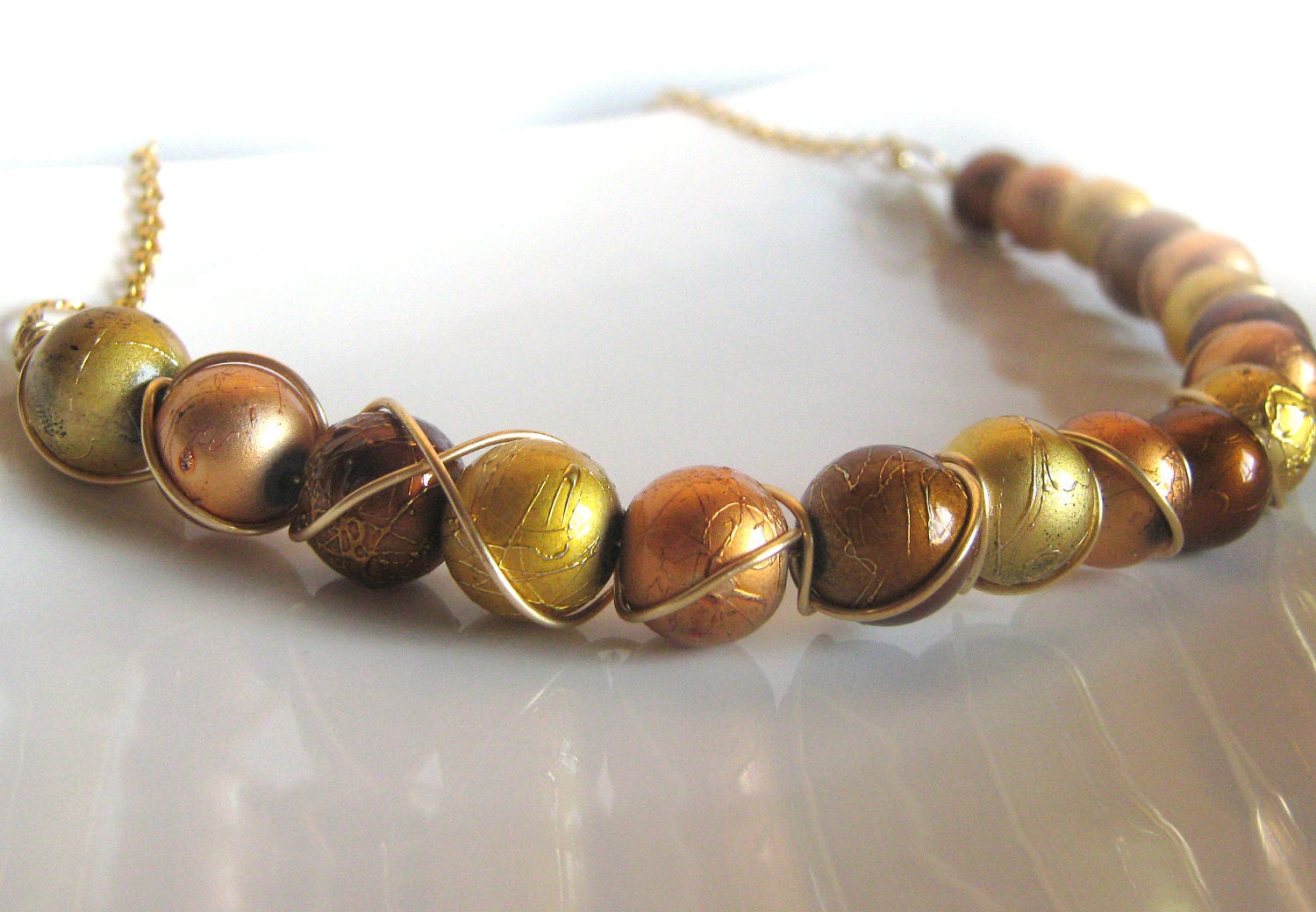 Wire Wrapped Necklace - Spectra Glass beads in shades of gold