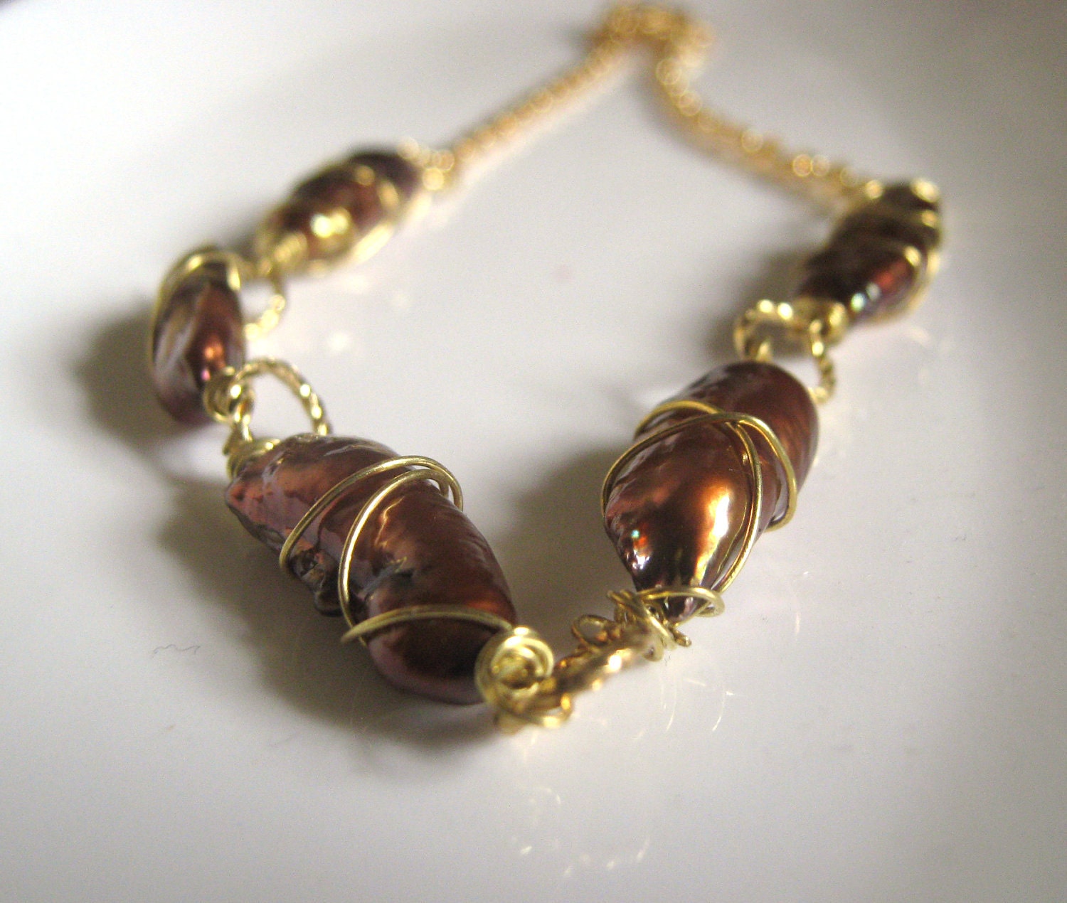 Bronze and Gold Necklace - Wire Wrapped Stick Pearls