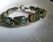 Wire Wrapped Glass Bead Bracelet - Gold and Deep Green