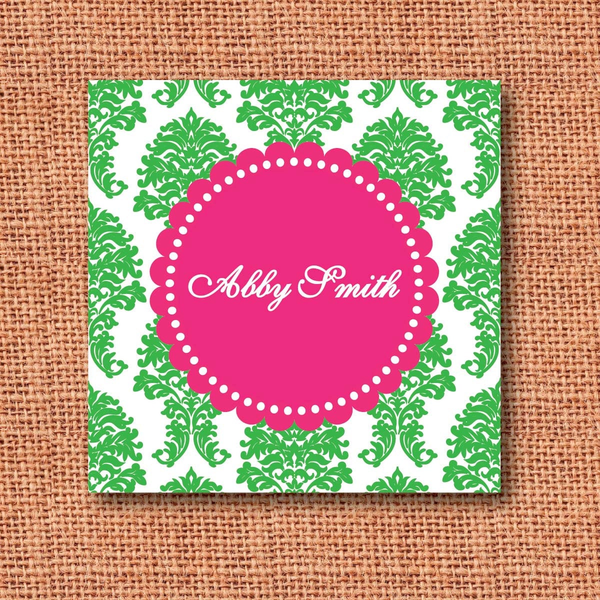 pink and green damask monogrammed gift enclosure cards or calling cards