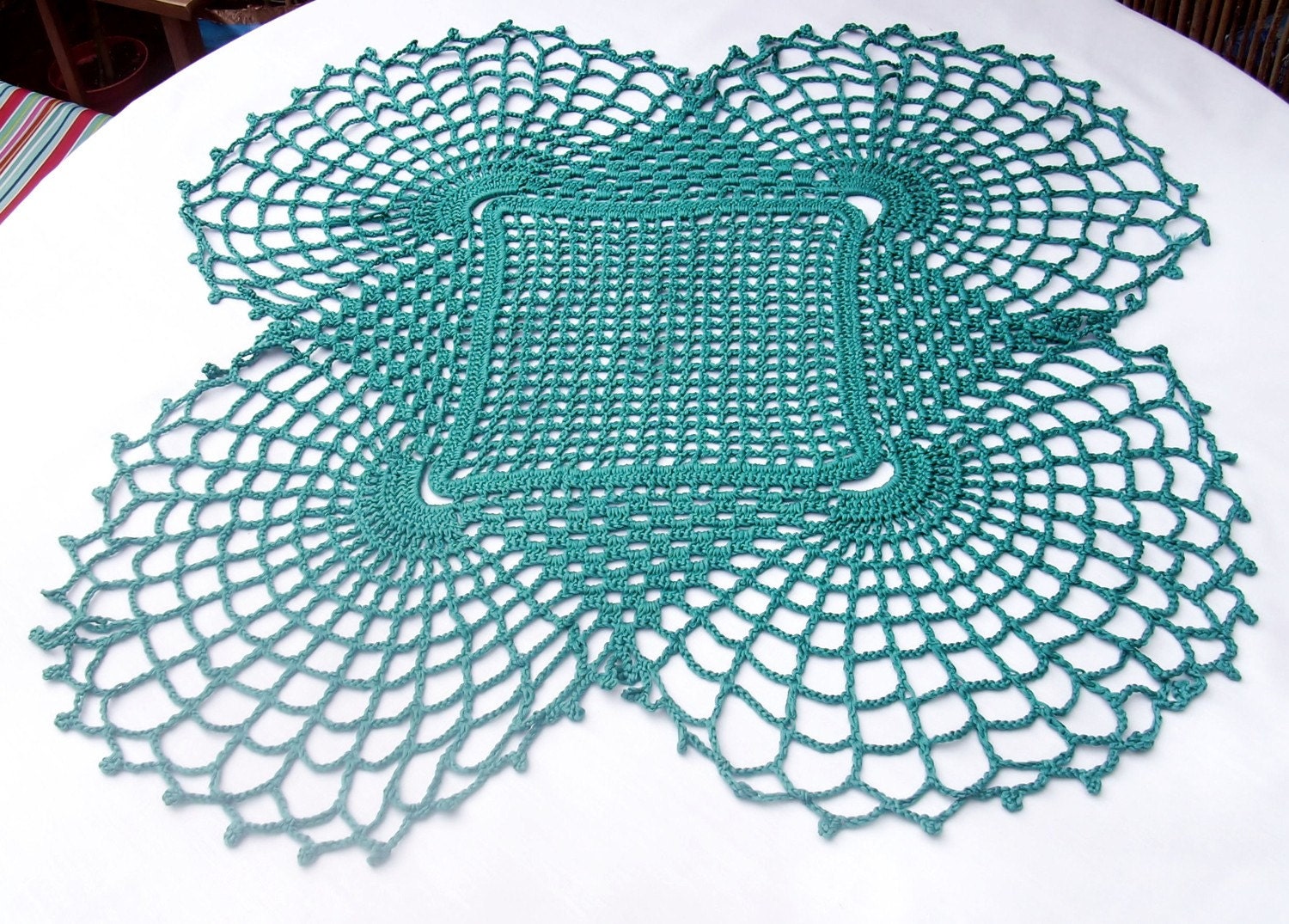 Crocheted doily centerpiece large turquoise lace coaster table topper