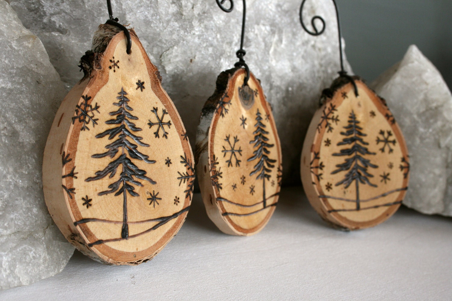Winter Wonderland - Set of 3 Birch Ornaments - Woodburning