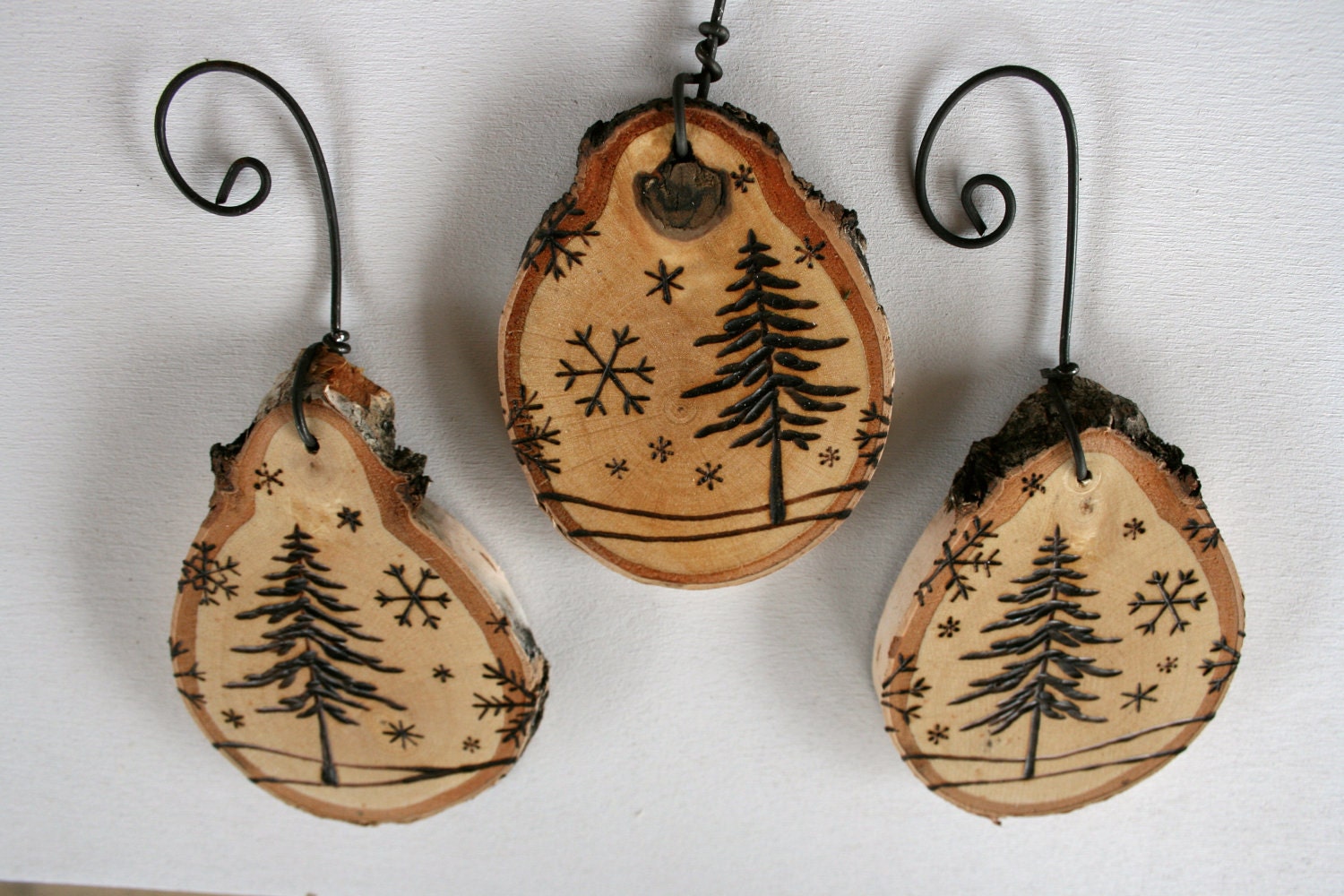 Winter Wonderland - Set of 3 Birch Ornaments - Woodburning