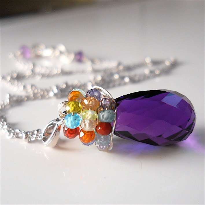 February Birthstone Purple Amethyst Briolette Necklace,  Rainbow Beaded Cubic Zirconium Pendant, Sterling, One of a Kind, Fashion Accessory