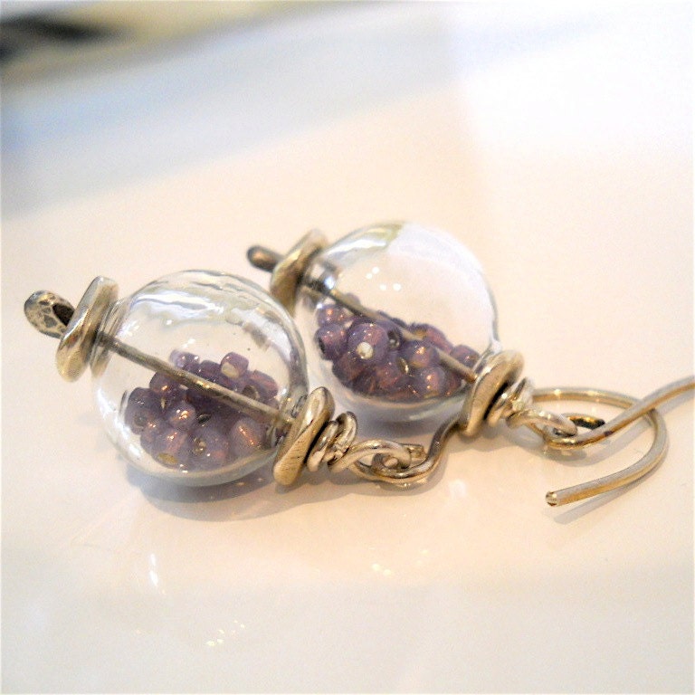 Artisan Hand Blown Glass Orb Earring with Lavender Glass Seed Beads,  Recycled Silver Hand Forged Earwires, Womens Jewelry Accessory Gift
