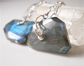 Blue, Green Flash Labradorite Faceted Chain Earrings, "Chunky Chain" Modern Minimalist Jewelry Sterling, Oxidized or Gold Fill Chains