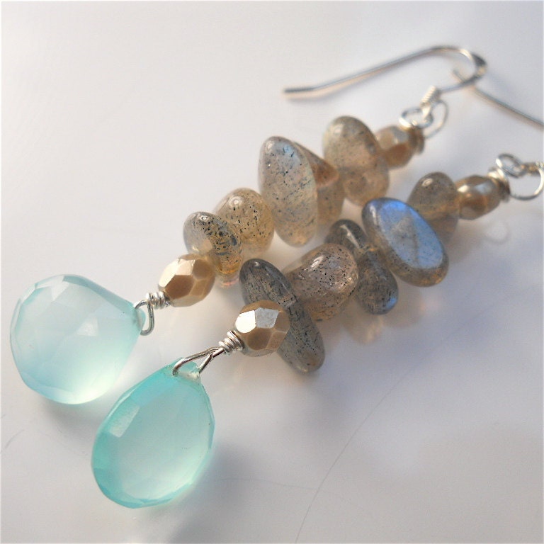Labradorite  Chunk Chalcedony Gemstone Dangle Earrings, Turquoise, Silver Grey,  Boho, Sundance, Earthy Fashion Accessory, Gift