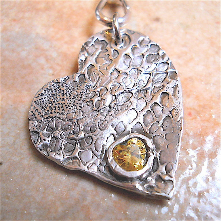 Rough Heart -Eco Friendly Silver Heart Necklace Pendant,  Reversible Necklace, Yellow Sparkling CZ Gemstone, Birthstone, Fashion Accessory