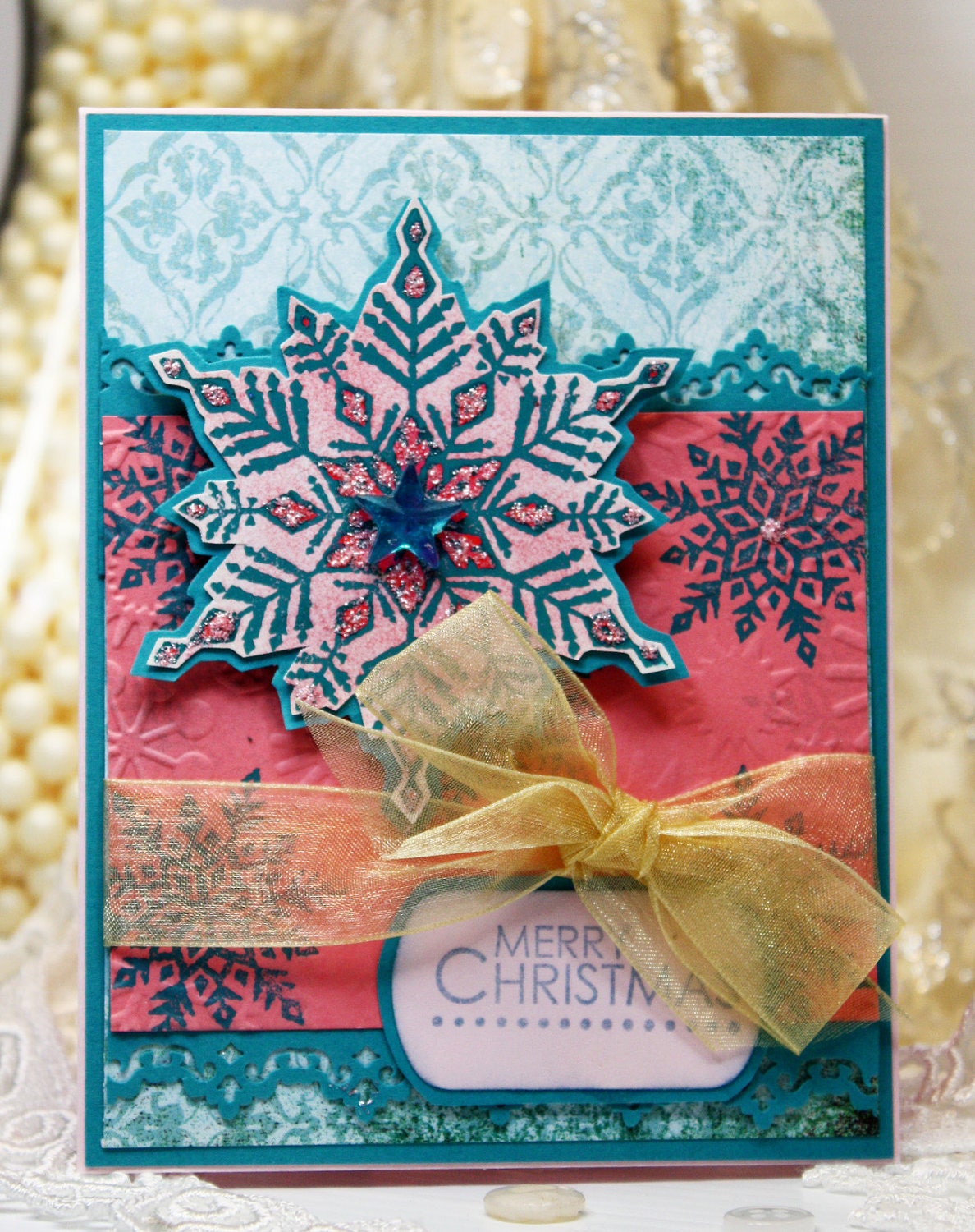 Handmade Christmas Card - Merry Christmas - Stampin Up Snowflake Image Embossed