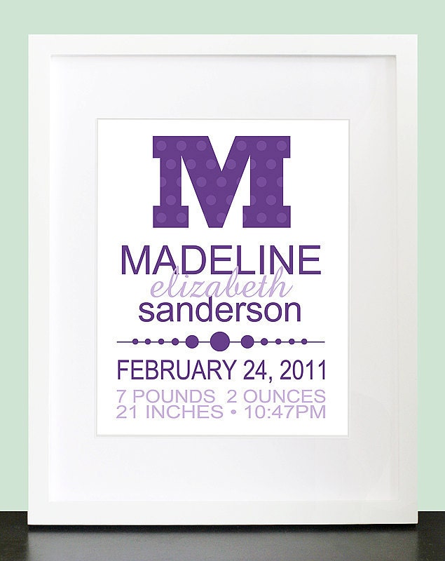 Elegant Monogram Dots Birth Announcement Wall Art - 8x10 Baby Nursery Wall Print Poster