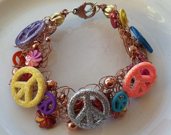 PEACE DUDE: (Peace Sign Button Charms, Copper beads and Copper Wire in a Wire Crochet Charm Bracelet)