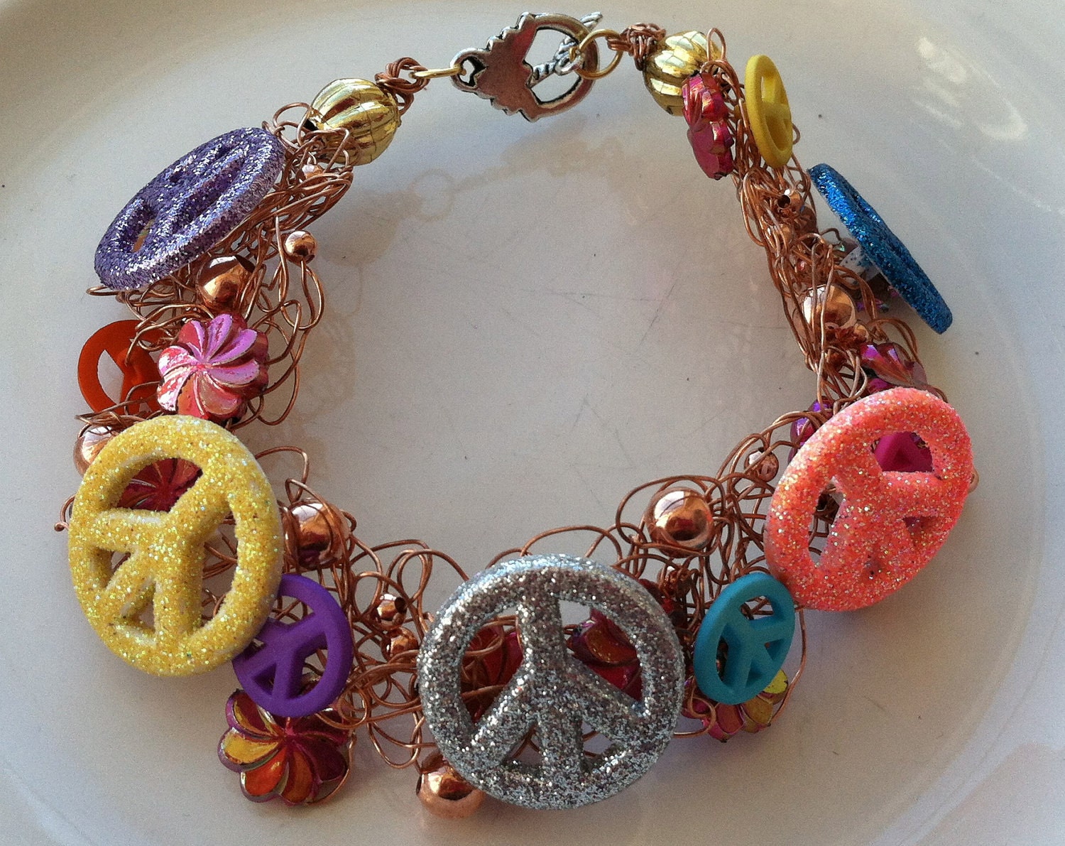 PEACE DUDE: (Peace Sign Button Charms, Copper beads and Copper Wire in a Wire Crochet Charm Bracelet)