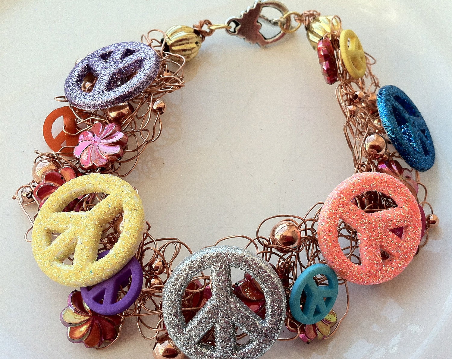 PEACE DUDE: (Peace Sign Button Charms, Copper beads and Copper Wire in a Wire Crochet Charm Bracelet)