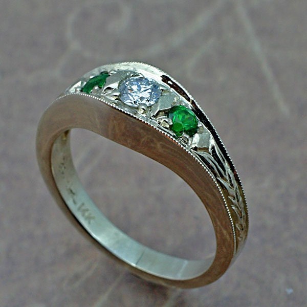 Vintage Style ENGRAVED WEDDING RING with Diamond and Tsavorite Garnet, 14k white gold, rose gold, or yellow gold