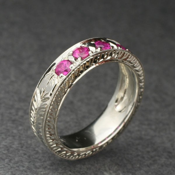 Fully Engraved Vintage Style Wedding Band with Pink Sapphire, in 14k White gold
