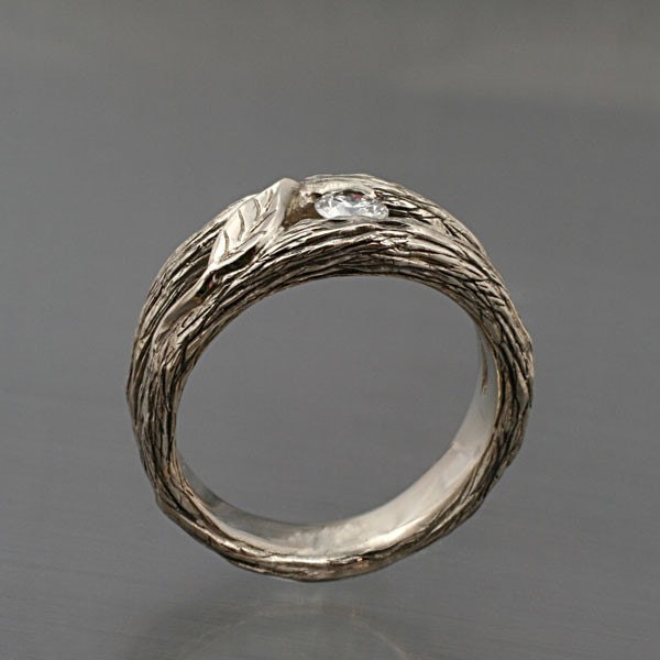 SOLITAIRE LEAF and White Sapphire, A Twig Ring in Sterling Silver