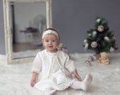 Girl linen white costume - Christening 4 pieces costume for girl - Girl dress, jacket, headband, tote bag - Children clothing