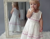 Girl linen dress -  White Linen girl dress with pink lace -  0.5 - 5 years sizes - Children spring clothing