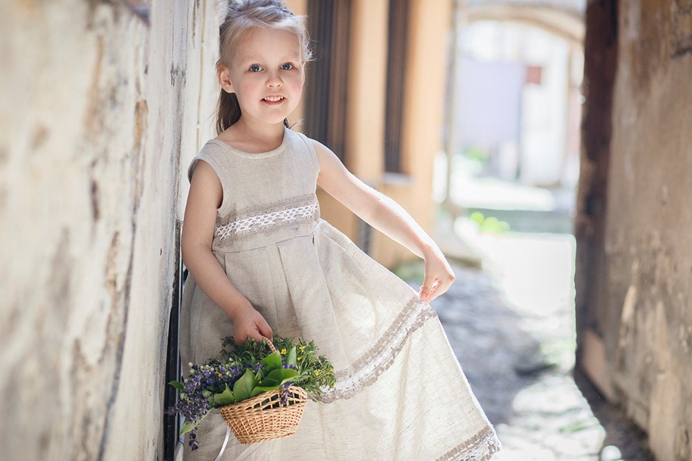 Fairy tale Linen girl dress -  Rustic Flower girl dress - Children spring clothing - lefthandedcraftclub