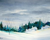 SALE - Watercolor Winter Town Snow - Original Painting