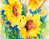 Three Large Sunflower Watercolor Painting by Martha Kisling