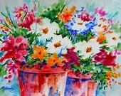 Colorful Flowers in Pots on Gesso Paper by Watercolor Artist Martha Kisling