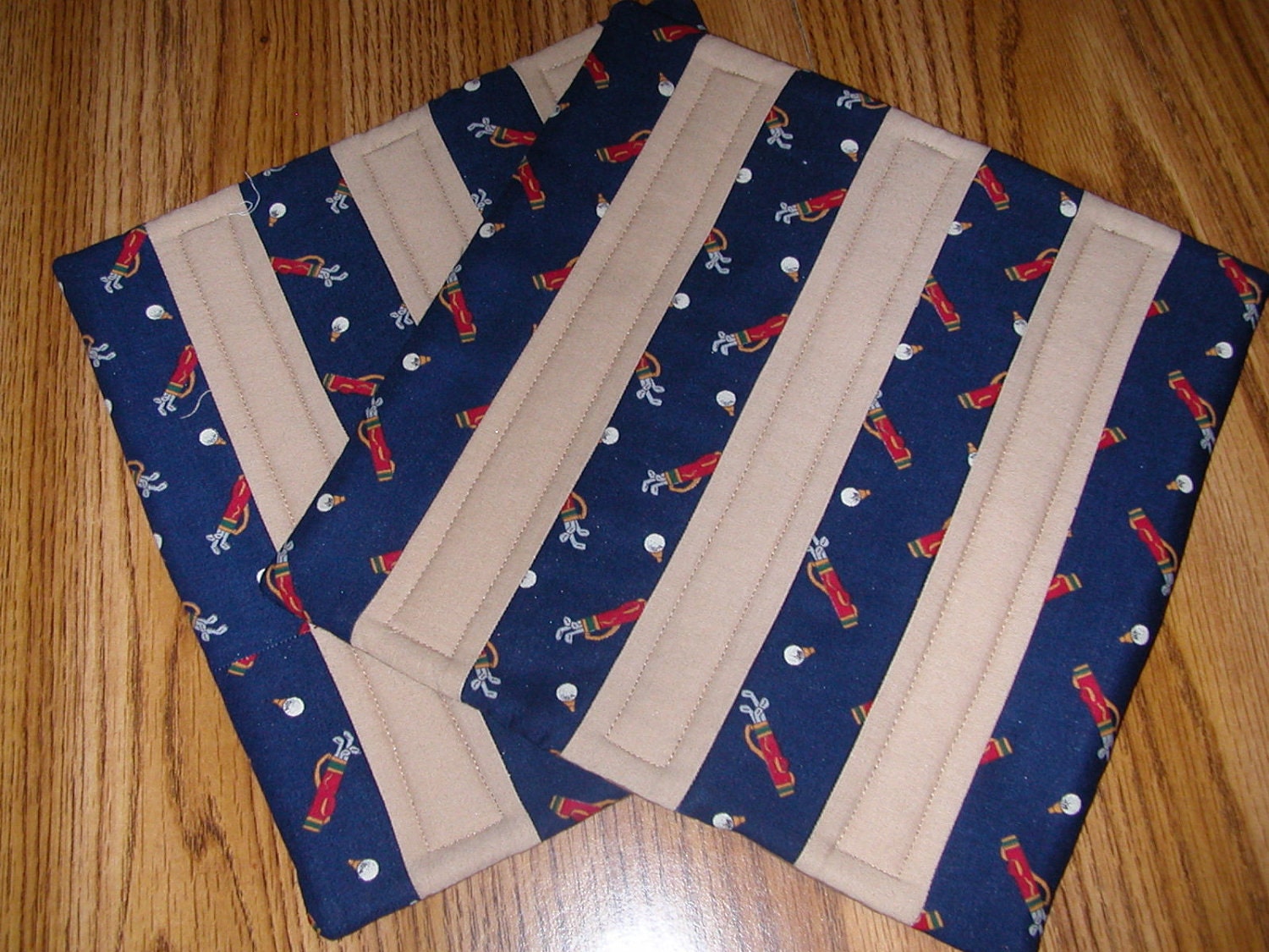 Quilted GOLF PATTERN HOTPADS - Mug Rugs  in Tan and Navy Blue