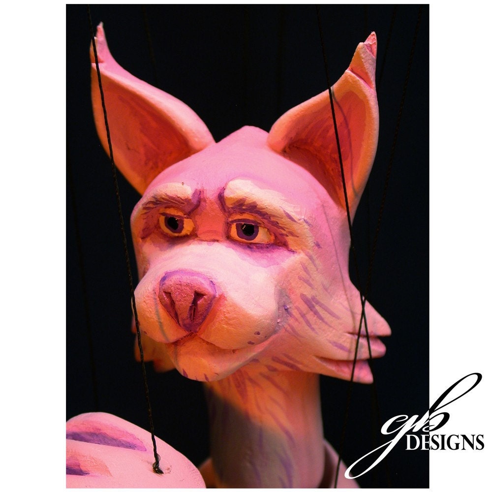 Hilarious, Sassy, Elegant Anthropomorphic Pink Puma Hand carved wooden Marionette Puppet by Geahk Burchill