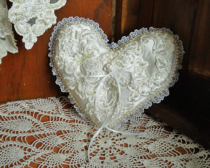 Victorian Heart Shaped Vintage Ring Bearer Wedding Pillow, handmade of vintage fabrics and lace.