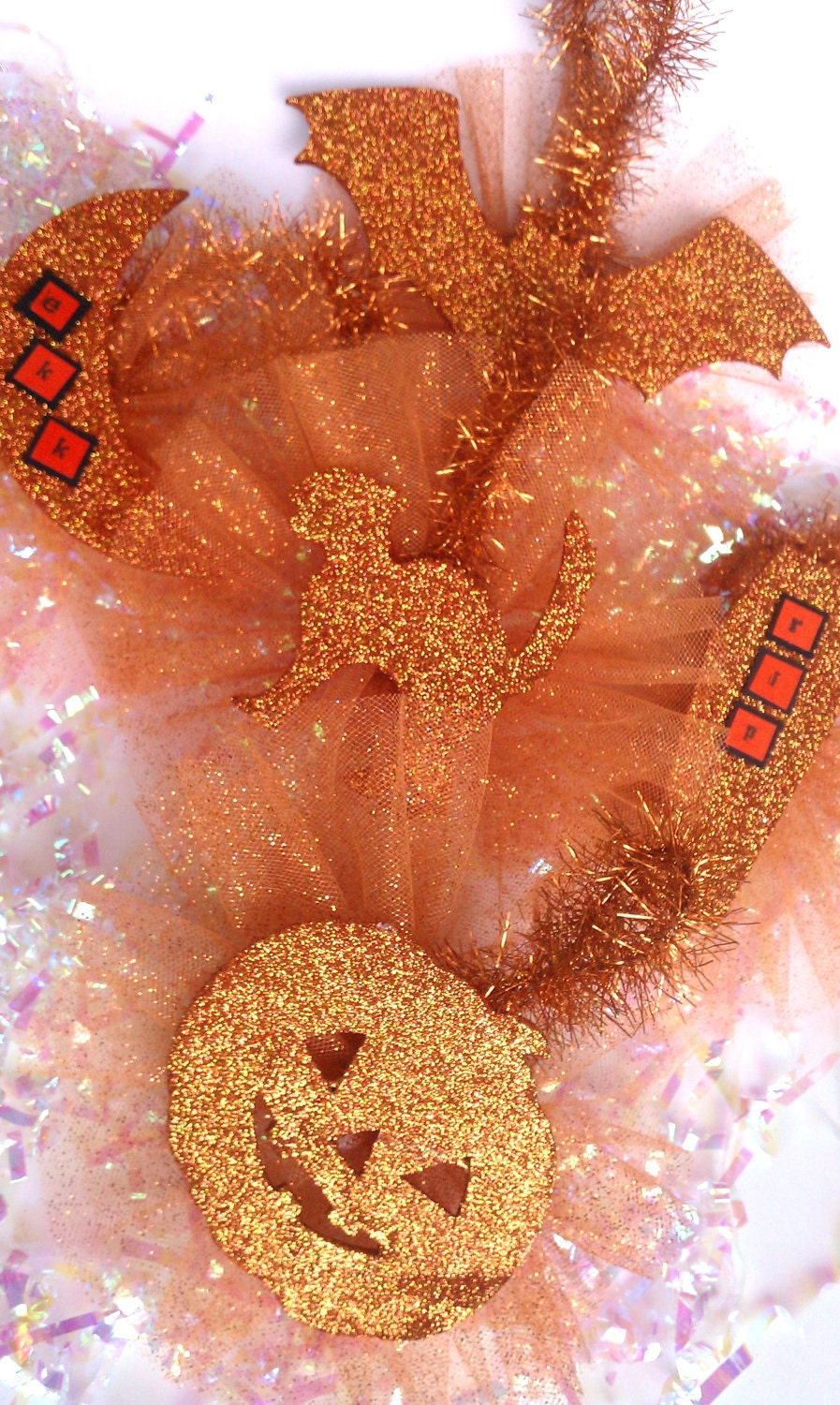 Elegant Glittered Silhouette Halloween Ornaments Orange