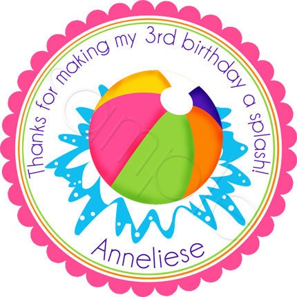 Girl Beach Ball Pool Party Personalized Stickers - Party Favor Labels, Address Labels, Birthday, Beach, Summer Fun - Choice of Size