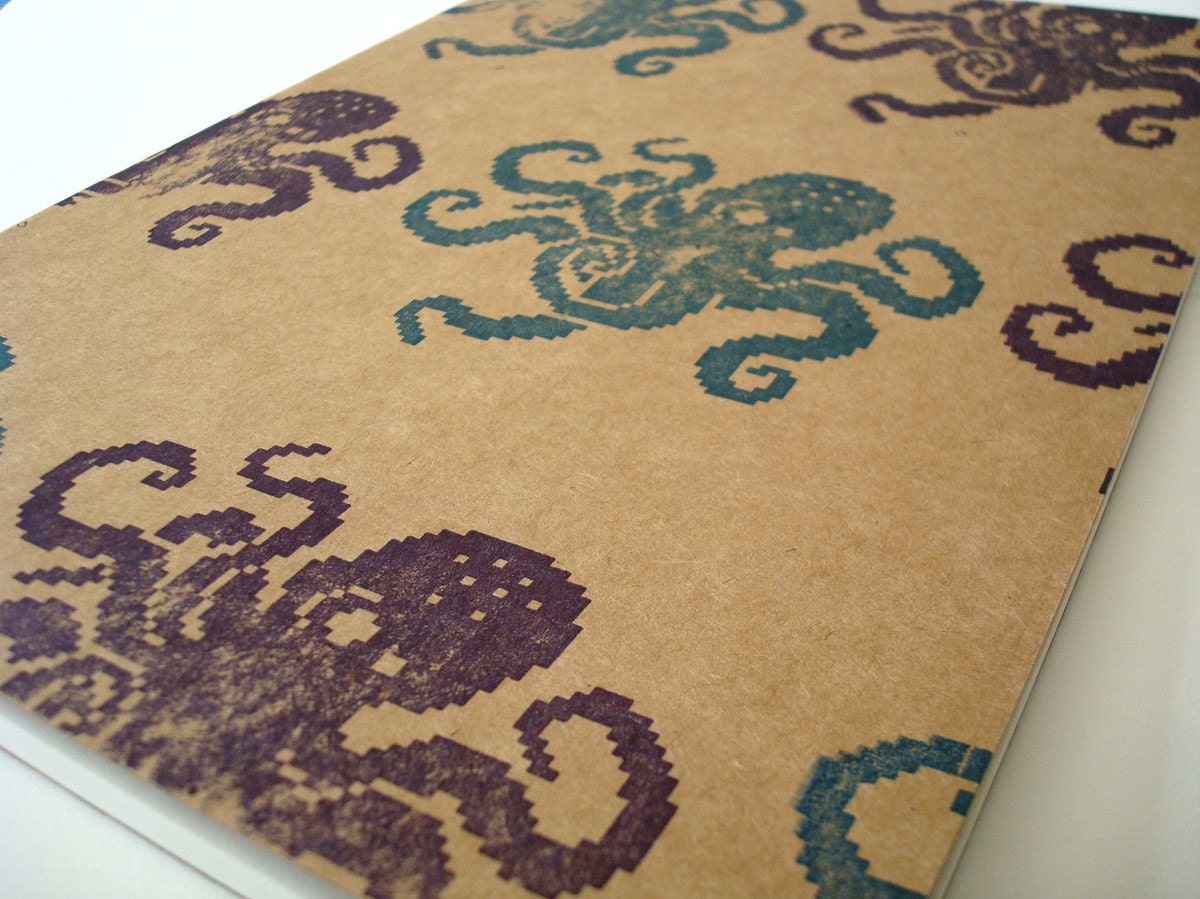 Octopus XL Moleskine journal (lined) 8 bit octopus writer's notebook hand stamped