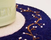Candle Mat- Embroidered pussy willow branches- Reclaimed Wool Felt