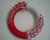 Red and White Yarn Wreath with Oysters and Pearls-10 in Wreath- Ready to Ship