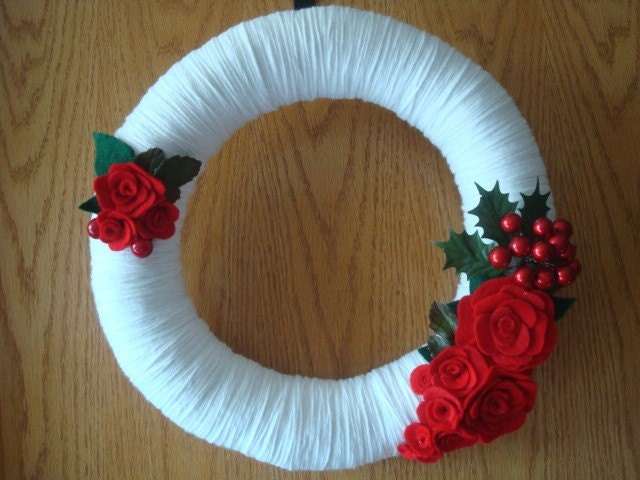 Beauty of Red Roses Handmade Yarn Wreath-Door-Wall Decoration-14 in Wreath- Ready to Ship
