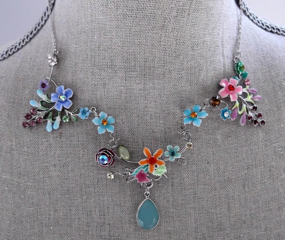 Garden Party Necklace - Colorful Floral Wire Wrapped Collar Necklace