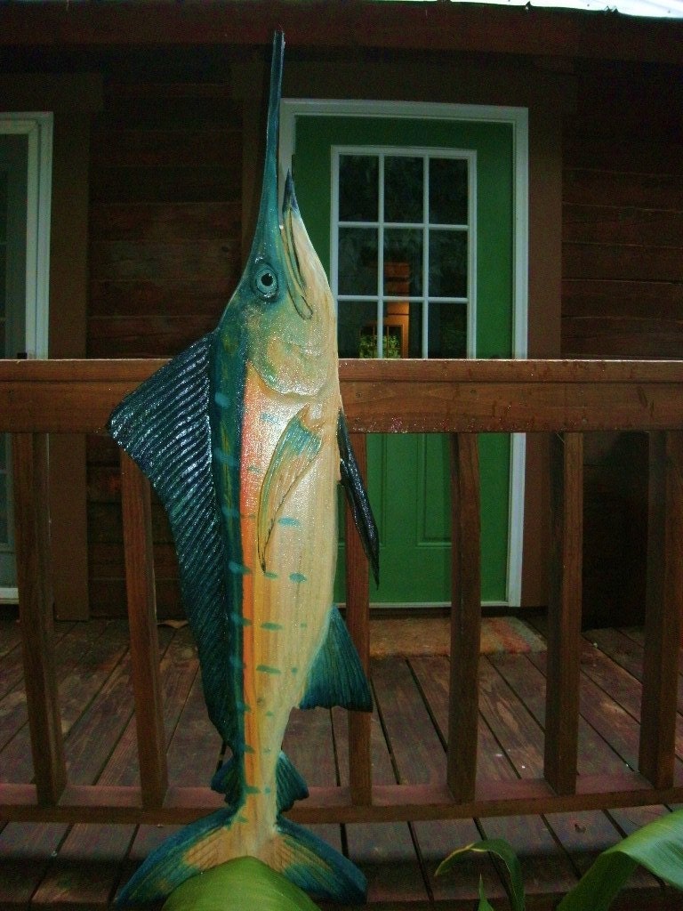 Blue Marlin 4.6 foot long x 18" wide chainsaw wood carving original Todd Lynd nautical sculpture trophy fish wall mount coastal living art