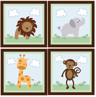 Set of 4 (Safari Jungle Animals) 6.5 x 6.5 inch Wood Plaques So Cute
